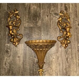 Vintage homeco Scroll Floral Gold Wall Shelf Sconce Set Hollywood Regency MCM